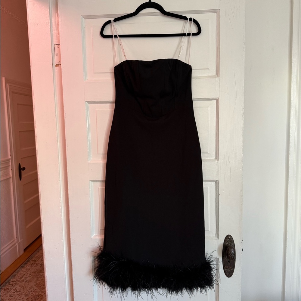 Black Mid-Length Dress with Feathers